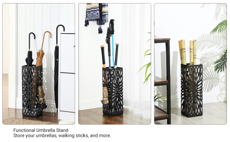 SONGMICS Suport metalic pentru umbrele, cu carlige si tava de picurare, 16x16x49cm, negru [3]