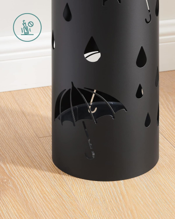 Suport umbrele metalic cu recipient apa, 4 carlige, decupaje tematice, compact, 17x17x41 cm, negru [7]