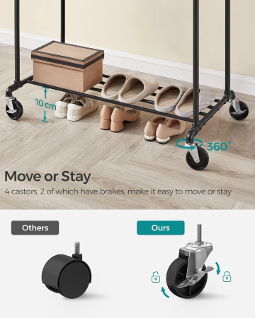 SONGMICS Suport pentru haine, cu raft si sine de agatat duble, cadru metalic, cu roti, 59x100x162cm, industrial, negru [5]