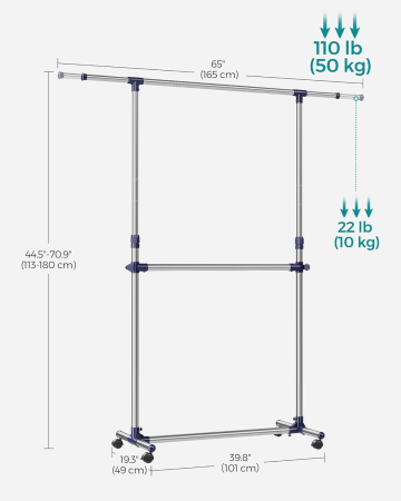 Suport pentru haine cu sina superioara extensibila 101-165 cm, pe roti, reglabil in inaltime 113-180 cm, argintiu [7]