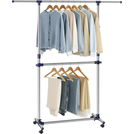 Suport pentru haine cu sina superioara extensibila 101-165 cm, pe roti, reglabil in inaltime 113-180 cm, argintiu [9]