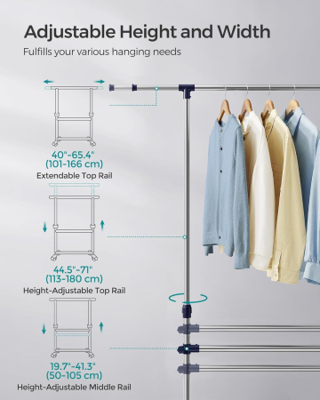 Suport pentru haine cu sina superioara extensibila 101-165 cm, pe roti, reglabil in inaltime 113-180 cm, argintiu [4]