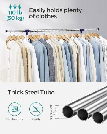 Suport pentru haine cu sina superioara extensibila 101-165 cm, pe roti, reglabil in inaltime 113-180 cm, argintiu [5]