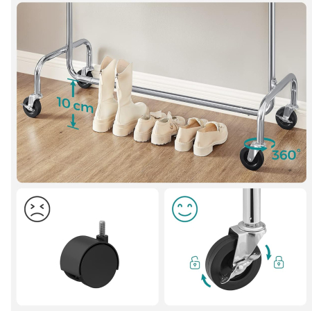 Suport pentru haine cu sina superioara extensibila, pe roti, reglabil pe latime, 45x(110-150)x160cm, inox argintiu [2]