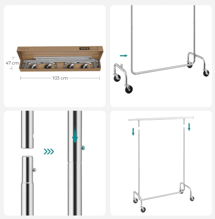 Suport pentru haine cu sina superioara extensibila, pe roti, reglabil pe latime, 45x(110-150)x160cm, inox argintiu [5]