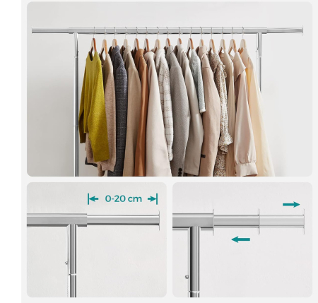 Suport pentru haine cu sina superioara extensibila, pe roti, reglabil pe latime, 45x(110-150)x160cm, inox argintiu [3]