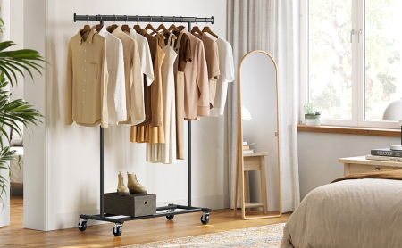 Suport pentru haine cu sina superioara extensibila, pe roti, reglabil pe latime, 45x(92-132)x160cm, negru [8]