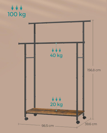 Suport pentru haine dublu cu 2 sine de agatat si polita inferioara, pe roti, 40x99x157 cm, negru [4]