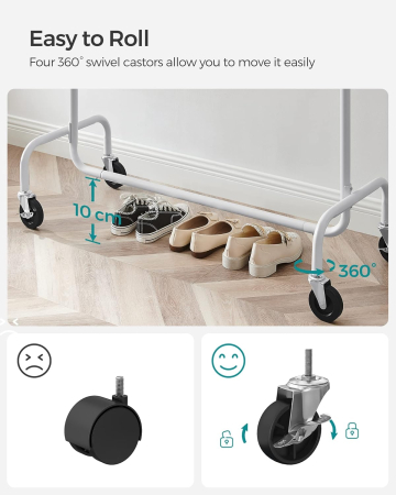 Suport pentru haine extensibil pe roti, bara reglabila 110-150 cm, stil industrial, 150x45x160 cm, alb mat [3]