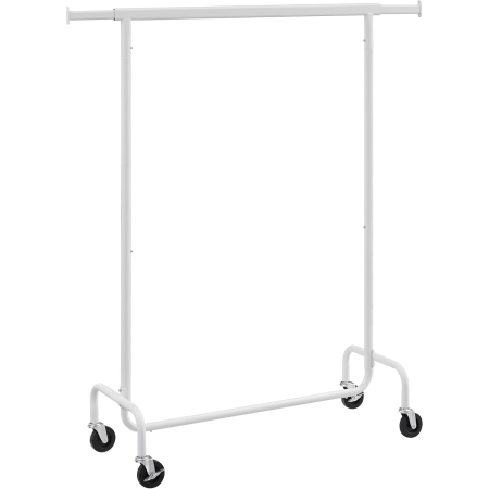 Cuiere - Suport pentru haine extensibil pe roti, bara reglabila 110-150 cm, stil industrial, 150x45x160 cm, alb mat