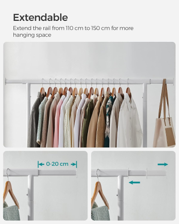 Suport pentru haine extensibil pe roti, bara reglabila 110-150 cm, stil industrial, 150x45x160 cm, alb mat [4]