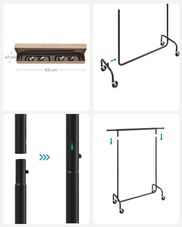 SONGMICS Suport pentru haine extensibil pe roti, bara reglabila 110-150 cm, stil industrial, 150x45x160 cm, negru [2]