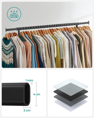 SONGMICS Suport pentru haine extensibil pe roti, bara reglabila 110-150 cm, stil industrial, 150x45x160 cm, negru [8]