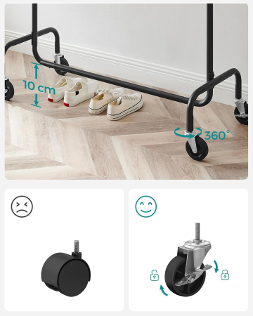 SONGMICS Suport pentru haine extensibil pe roti, bara reglabila 110-150 cm, stil industrial, 150x45x160 cm, negru [5]
