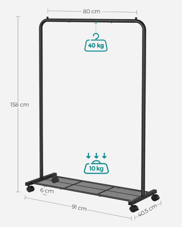 Suport pentru haine mobil cu roti, bara umerase si raft, stil industrial, 91x41x158 cm, negru [1]