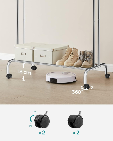 Suport pentru haine pe roti, cu polita, sina dubla, cadru metalic, sarcina 100kg, 53x104x155cm, inox argintiu [4]