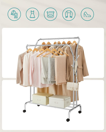 Suport pentru haine pe roti, cu polita, sina dubla, cadru metalic, sarcina 100kg, 53x104x155cm, inox argintiu [2]