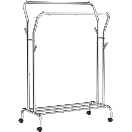 Umerase si huse haine - Suport pentru haine pe roti, cu polita, sina dubla, cadru metalic, sarcina 100kg, 53x104x155cm, inox argintiu