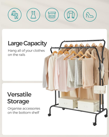 SONGMICS Suport pentru haine pe roti, cu polita, sina dubla, cadru metalic, sarcina 100kg, 53x104x155cm, negru [2]