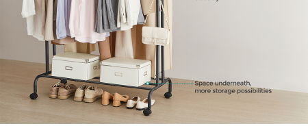 SONGMICS Suport pentru haine pe roti, cu polita, sina dubla, cadru metalic, sarcina 100kg, 53x104x155cm, negru [8]