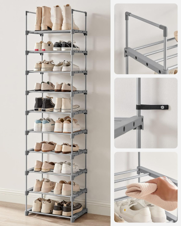 Suport pentru pantofi, cadru metalic cu 10 nivele, design personalizabil, 30x45x174cm, gri [6]