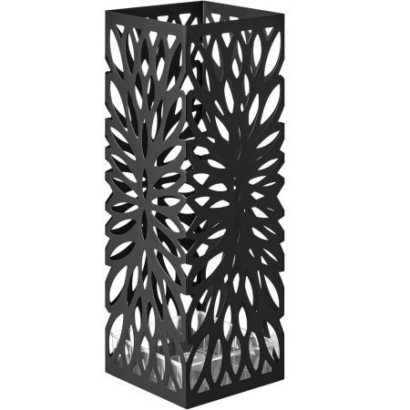 Mobila hol - Suport umbrele metalic cu recipient apa, 4 carlige, decupaje geometrice, otel si plastic, 16x16x41 cm, negru