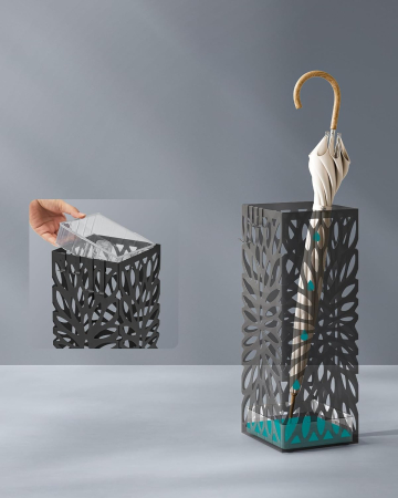 Suport umbrele metalic cu recipient apa, 4 carlige, decupaje geometrice, otel si plastic, 16x16x41 cm, negru [4]