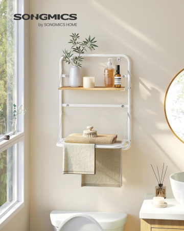 SONGMICS Suport prosoape pliabil de perete, cu 5 bare, polita de depozitare, otel, 26x38x56 cm, alb [6]