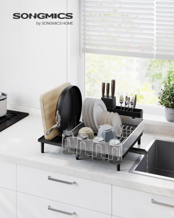 SONGMICS Suport vase inox cu scurgere extensibila, compartimente tacamuri si pahare, 51x49x23 cm, negru [4]