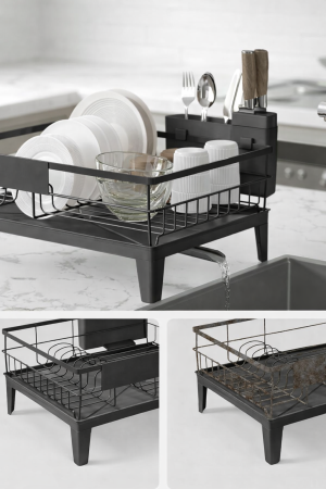 Suport vase metalic, cu tava si scurgere mobila direct in chiuveta, 31x42x19 cm, negru [4]