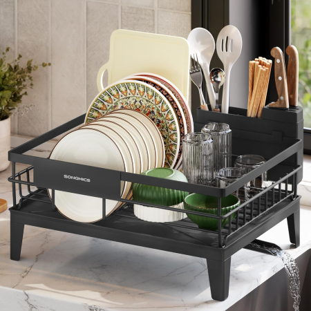 Suport vase metalic, cu tava si scurgere mobila direct in chiuveta, 31x42x19 cm, negru [5]