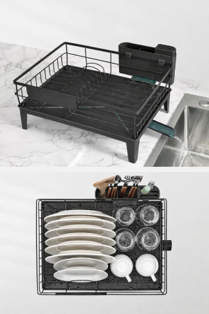 Suport vase metalic, cu tava si scurgere mobila direct in chiuveta, 31x42x19 cm, negru [2]