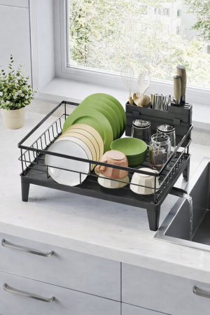 Suport vase metalic, cu tava si scurgere mobila direct in chiuveta, 31x42x19 cm, negru [6]