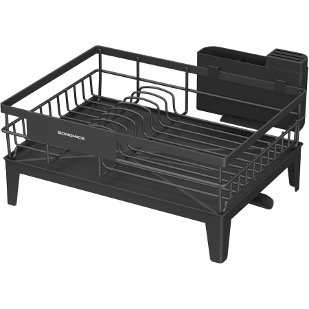 Suporturi si accesorii de bucatarie - Suport vase metalic, cu tava si scurgere mobila direct in chiuveta, 31x42x19 cm, negru