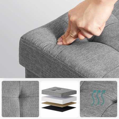 Taburet cu spatiu de depozitare 37 L, pliabil, sezut captusit, picioare din lemn, capacitate 300 kg, 38x38x40 cm, gri deschis [7]