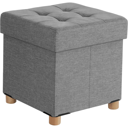 Living & hol - Taburet cu spatiu de depozitare 37 L, pliabil, sezut captusit, picioare din lemn, capacitate 300 kg, 38x38x40 cm, gri deschis