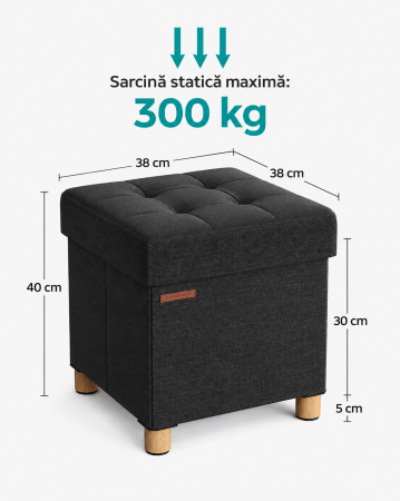 Taburet depozitare cu sezut confortabil, capacitate 300 kg, 37 L, 38x38x40 cm, negru [3]