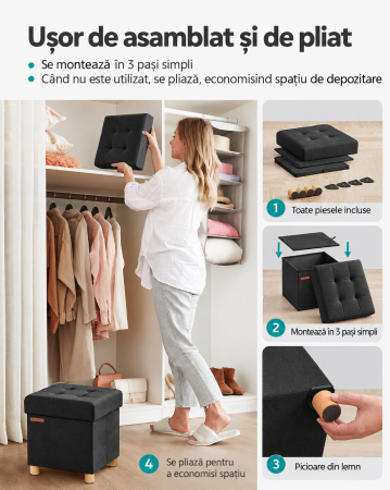 Taburet depozitare cu sezut confortabil, capacitate 300 kg, 37 L, 38x38x40 cm, negru [8]