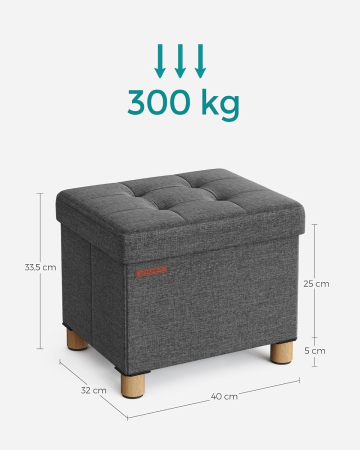 SONGMICS Taburet depozitare pliabil cu picioare din lemn, capitonat cu tesatura tip in, 40x32x34 cm, gri inchis [3]