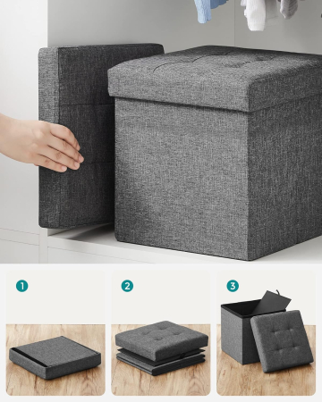 Taburet pliabil 30x30x30 cm, cu spatiu de depozitare, capac tapitat, MDF si imitatie in, gri [5]