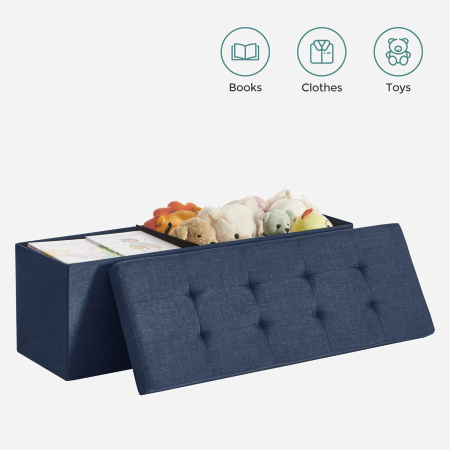 Taburet pliabil cu sezut moale, spatiu de depozitare 131litri, maxim 300kg, 110x38x38cm, albastru inchis [7]