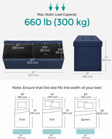 Taburet pliabil cu sezut moale, spatiu de depozitare 131litri, maxim 300kg, 110x38x38cm, albastru inchis [2]