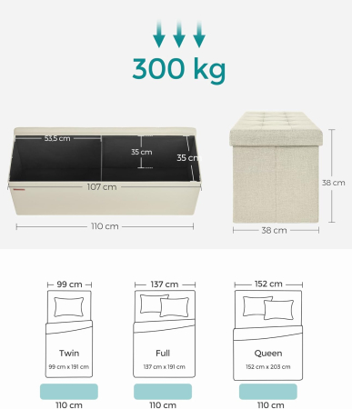 Taburet pliabil cu sezut moale, spatiu de depozitare 131litri, maxim 300kg, 110x38x38cm, crem [2]