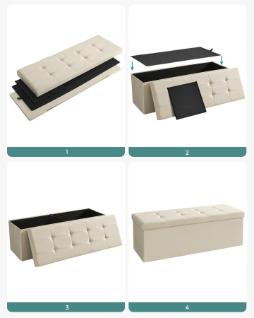 Taburet pliabil cu sezut moale, spatiu de depozitare 131litri, maxim 300kg, 110x38x38cm, crem [1]