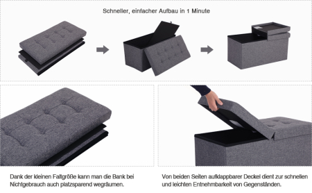 SONGMICS Taburet pliabil cu sezut moale, spatiu de depozitare 80litri, maxim 300kg, 76x38x38cm, gri [9]
