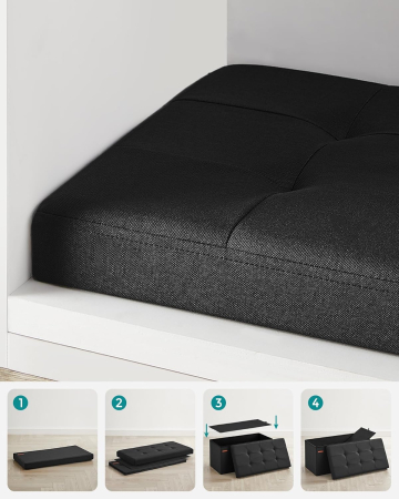 Taburet pliabil cu sezut moale, spatiu de depozitare 89 litri, maxim 300kg, 76x38x38 cm, negru [5]