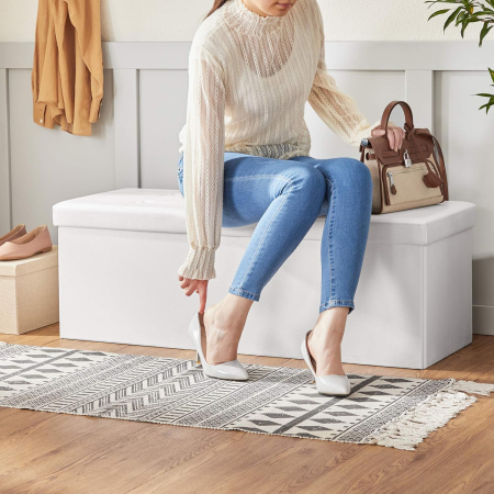 SONGMICS Taburet pliabil cu spatiu de depozitare, 3 locuri, imitatie piele, 110x38x38 cm, alb [5]