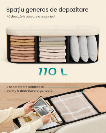 Taburet pliabil oval cu spatiu de depozitare 110 L, finisaj catifea, 2 separatoare interioare, 110x38x38 cm, cappuccino bej [5]
