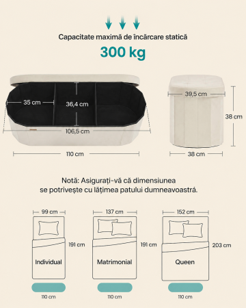 Taburet pliabil oval cu spatiu de depozitare 110 L, finisaj catifea, 2 separatoare interioare, 110x38x38 cm, cappuccino bej [2]