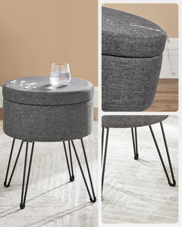 Taburet rotund cu spatiu de depozitare, capac reversibil, picioare metalice, 31x37x45 cm, maxim 130 kg, gri inchis [7]
